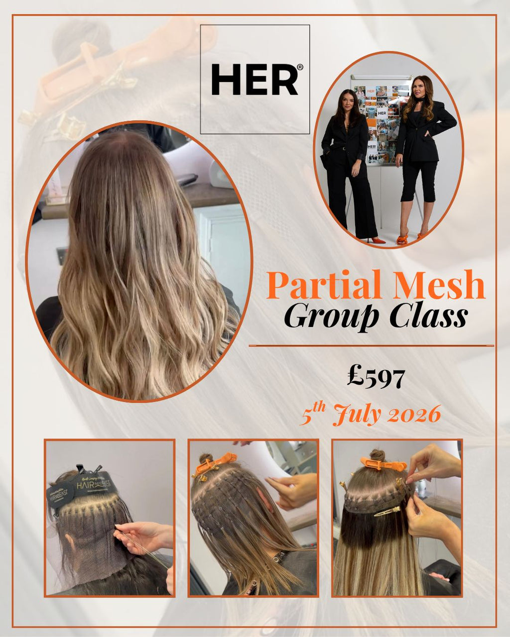 Advertisement for a hair loss class with 'HER' branding and images of hair loss education.