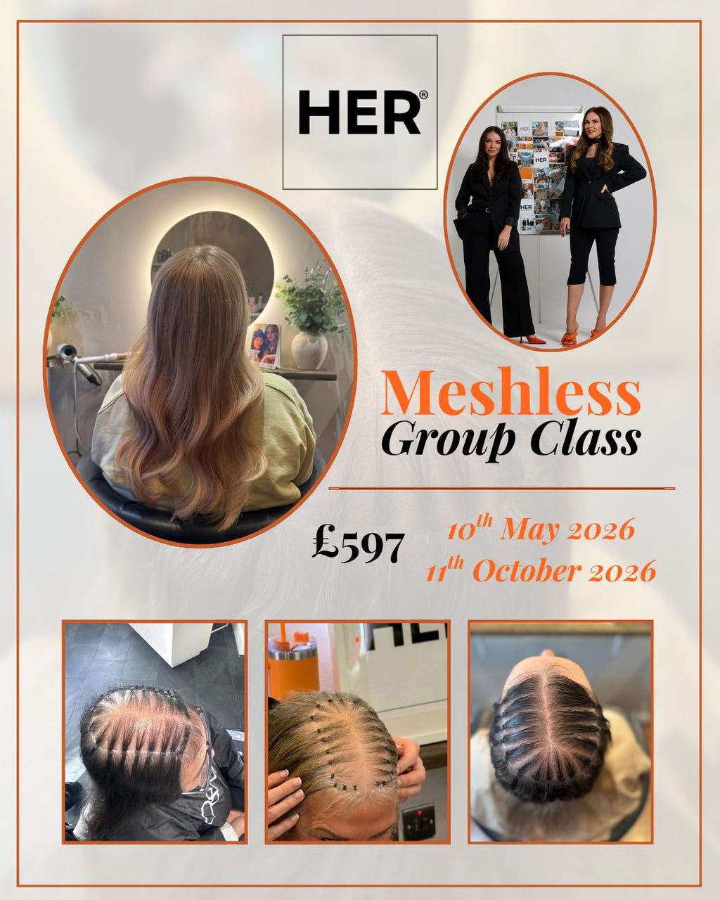 Advertisement for a 'Meshless Group Class' with images of hair and people, featuring the brand 'HER'.